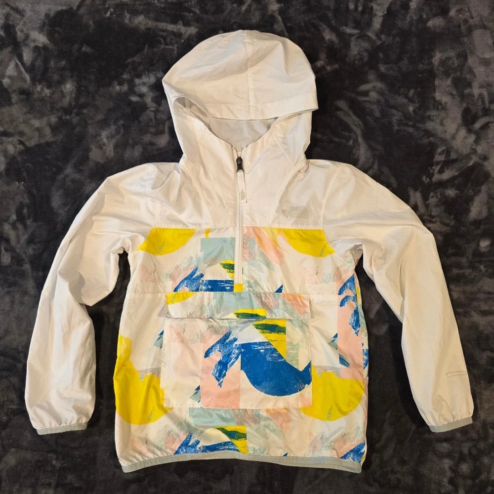 The North Face Youth Windwall Anorak Jacket White Abstract Print NF0A4ATB S 7/8